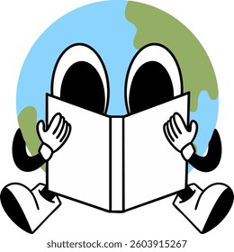 A Reading character with globe background expresses curiosity and joy