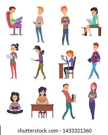 Reading characters. People knowledge student with books learn in library study school vector illustrations. Student character with books, people reading literature