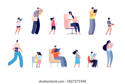 Reading characters. Teenager read book, adult people and kids study. Library or bookstore characters, isolated girl boy students vector set