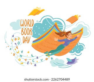 Reading children. Reading inspires. Girl flies in an imaginary world after reading an interesting book. World book day. Vector illustration.