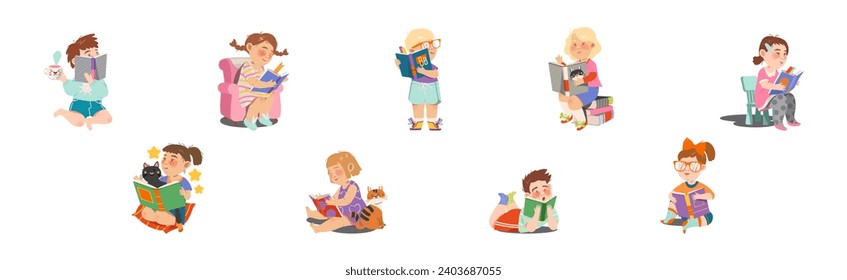 Reading Children with Interesting Book Enjoy Recreation Vector Set