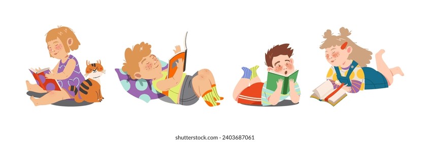 Reading Children with Interesting Book Enjoy Recreation Vector Set