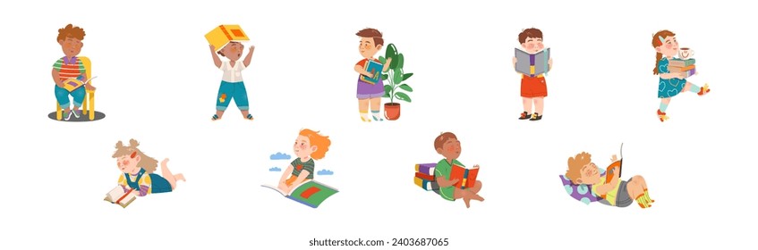 Reading Children with Interesting Book Enjoy Recreation Vector Set