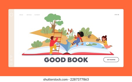 Reading of Children Literature Landing Page Template. Kids Immersed In A Book Of A Vast, Imaginative World. They Explore The Pages And Let Their Minds Run Wild. Cartoon Vector Illustration