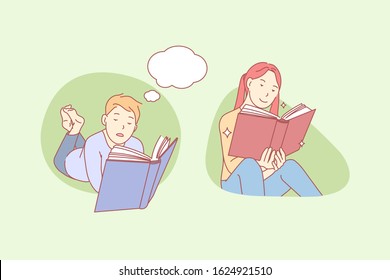 Reading children, literature, study, thought bubble set concept. Young boy, girl read interesting books. Curious schoolchildren dreaming with fairytale. Literature teens education. Thought bubble Flat
