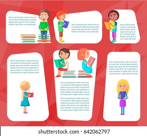 Reading children sitting on heap of literature and standing with colored textbooks vector illustration on red background.