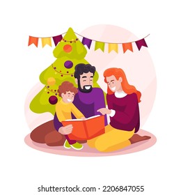 Reading Christmas stories isolated cartoon vector illustration  Parents in living room reading holidays stories to their child  religious holiday time  decorated Christmas tree vector cartoon 