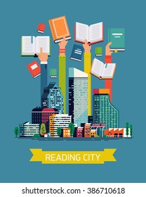 Reading city flat concept design with abstract large city and human hands holding opened and closed books. Book readers modern concept illustration. Background, banner or poster template on reading