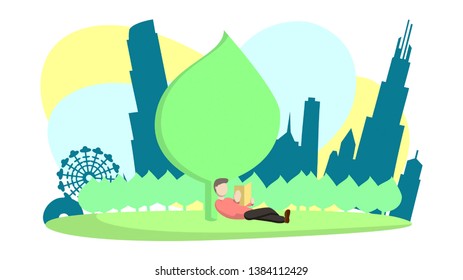 Reading in the city Park . Reading books background with pleasure of reading symbols flat vector illustration