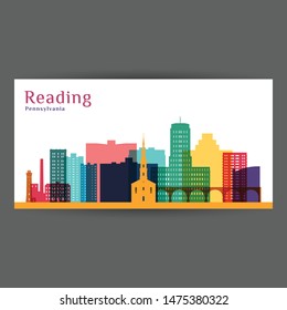 Reading city, Pennsylvania architecture silhouette. Colorful skyline. City flat design. Vector business card.