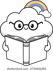 Etiqueta engomada de la nube de lectura - carácter lindo del gusano de biblioteca con los vidrios y la Ilustración vectorial del arco iris
