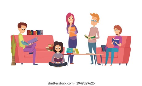 Reading club. Book readers, students or library visitors. Teenagers with books vector illustration
