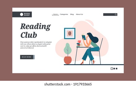 Reading club. Books lover club. Bookstore advertising. Website banner landing page template. Contemporary female character sitting at table and reading book in cafeteria