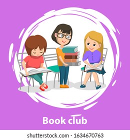 Reading club for children. Girl in glasses holding pile of books. Kids discussing literature. Back to school concept. Flat cartoon vector illustration