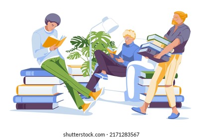 Reading club flat vector illustration. Three different men reading, holding and carrying big books.