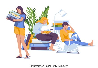 Reading club flat vector illustration. Three different women reading, holding and carrying big books.