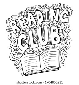 Reading club icon with open book, vector illustration in retro doodle style. Black and white reading club logo.