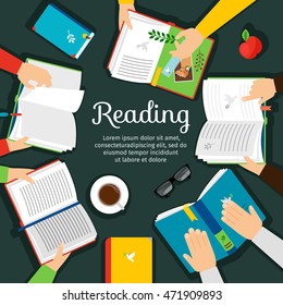 Reading club. Open books on table with hands top view vector illustration