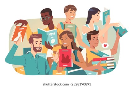 Lendo pessoas do clube trocando livros de papel. Estudantes homens, mulheres pessoas lendo, levando, dando, emprestando, trocando livros. Livraria, biblioteca, livraria, educação. Ilustração do conceito de leitores