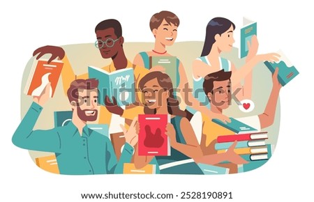 Reading club people exchanging paper books. Students men, women persons reading, taking, giving, borrowing, swapping books. Bookcrossing, library, bookshop, education. Readers concept illustration