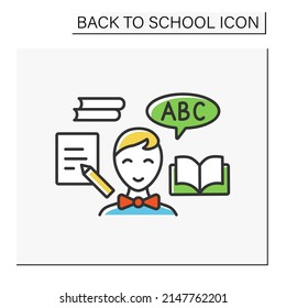 Reading color icon. Happy schoolboy ready to school. Reading and writing lesson. Education concept. Isolated vector illustration