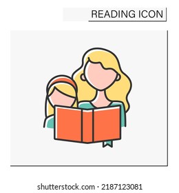 Reading color icon. Mom and daughter opened the book. Read fairy tales at nighttime. Brain training. Reading concept. Isolated vector illustration