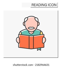 Icono de color de lectura. Viejo con un libro abierto. Proceso de adquisición de habilidades y conocimientos. Formación cerebral. Concepto de lectura. Ilustración vectorial aislada