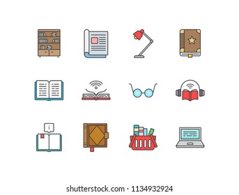 Reading colored line icon with bookshelves, magazine, lamp, bestseller, open book, spectacles, audio, bookstore, online.