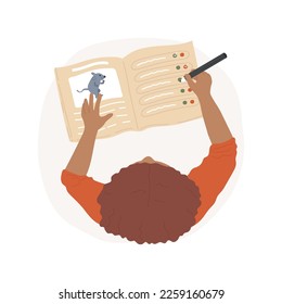 Reading comprehension isolated cartoon vector illustration. Reading short text with pictures, kid answers questions in a worksheet, true or false exercise, content comprehension vector cartoon.