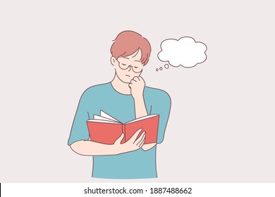 Lectura, concentración, concepto de hobby. Retrato del joven personaje de caricatura de un hombre sérico parado con un libro en las manos y leyendo con muchos pensamientos en la cabeza tocando la ilustración vectorial 