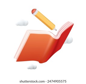 Reading concept, 3D book and pencil icon, online education, elearning, back to school concept. 3D illustration design isolated on white. Dictionary, encyclopedia or planner