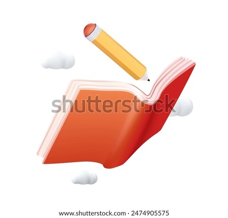 Reading concept, 3D book and pencil icon, online education, elearning, back to school concept. 3D illustration design isolated on white. Dictionary, encyclopedia or planner