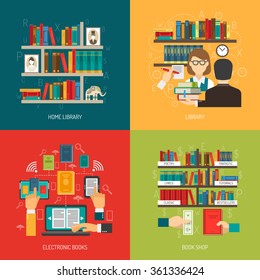 Reading concept 4 flat icons composition poster with home online electronic library and  book store vector illustration 