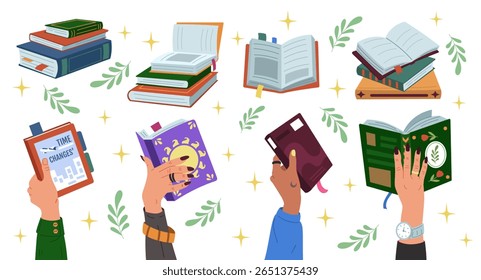 Conceito de leitura, livros em mãos. Papel de estudo, manual, desenho animado educacional. Símbolo escolar, conhecimento universitário. Biblioteca para leitura. Pilha de dicionário e enciclopédia. Ilustração organizada de aprendizagem de conjunto de vetor
