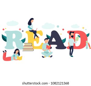 Reading concept with characters and books. Design for posters, banners. Education, studying process