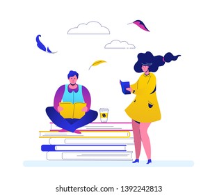 Reading concept - flat design style colorful illustration on white background. High quality composition with cute characters, a man and woman with books. Education, library, hobby, literature themes