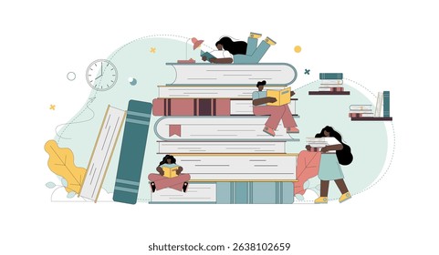 Reading concept. A group of men and women reading. Readers exchange literature. Exchange, lend and recommend paper books. Book Festival