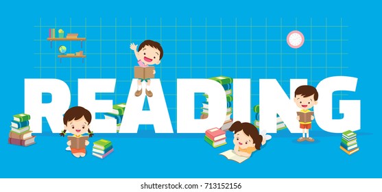 Reading concept illustration of Students Boy and Girl Reading and learning various actions with elements ,Books, shelves around big Letter.