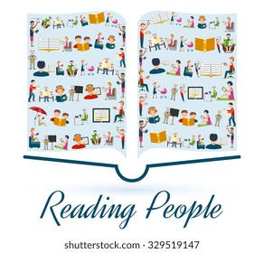 Reading concept with reading people icons set in book shape vector illustration