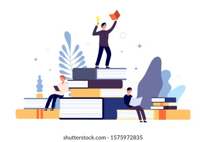 Reading Concept. People Read Books, Creative Student Have New Idea From Book. Interested Man In Learning Literature, Guys With Textbooks Vector Illustration