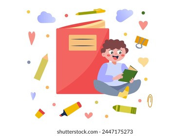 Reading concept with people scene in flat cartoon design. A happy boy is enjoying himself while reading a very interesting book. Vector illustration.