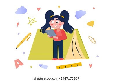 Reading concept with people scene in flat cartoon design. The girl in the illustration has an interested look while reading a fascinating book. Vector illustration.