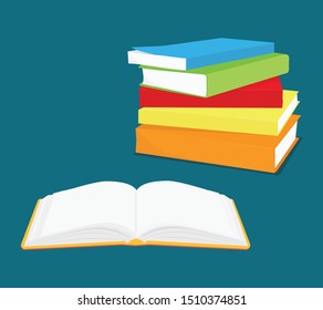 Reading concept, pile of books and opened book. Knowledge, learning and education design