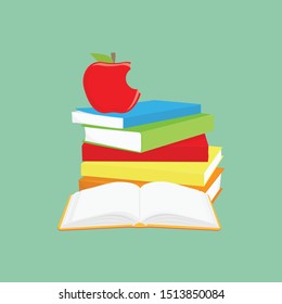 Reading concept, pile of books and opened book. Knowledge, learning and education design