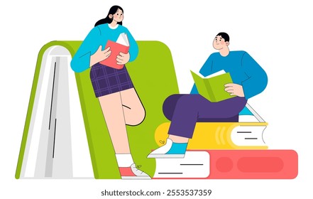 Reading concept. Two individuals engaging in the pleasures of reading beside a stack of giant books. Education and leisure time. Vector illustration.