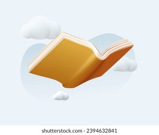 Reading concept with yellow book flying in the clouds. Open book, education and knowledge. Read more books concept. 3D educational Vector illustration. Cartoon modern style. Poster or print template