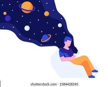 Reading concept. Young man sitting on beanbag chair and reading book