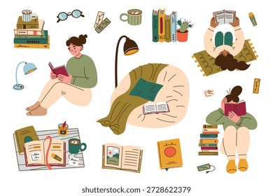 Conjunto de rincón de lectura con acogedor sillón, manta y almohada, lámparas de pie y de mesa, mujeres leyendo en poses relajadas, pilas de libros. Ilustración vectorial plana de dibujos animados, temas de confort para el hogar