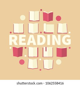 Reading creative round vector illustration made with flat red book icons