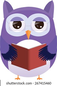 Reading cute vector purple owl with glasses.